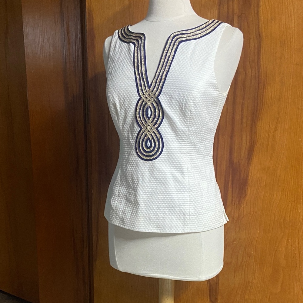 LILLY PULITZER White Tank Top with Navy and Gold Details NAUTICAL 8